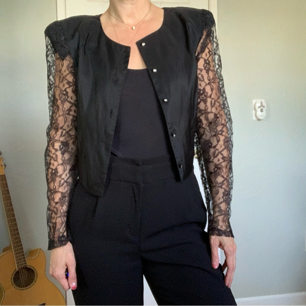 Vintage 80’s Black Cropped Jacket w/ Lace Sleeves